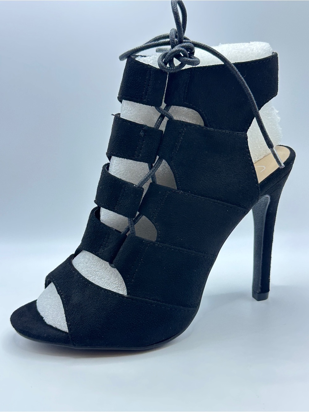 Black Faux Suede Lace Up Cutout Peep Toe Stiletto Ankle Booties 7⁠ Edgy Goth